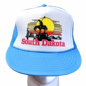 VTG South Dakota Blue White Cowboy Sunset 1980s Nissin Snapback Trucker Hat Cap